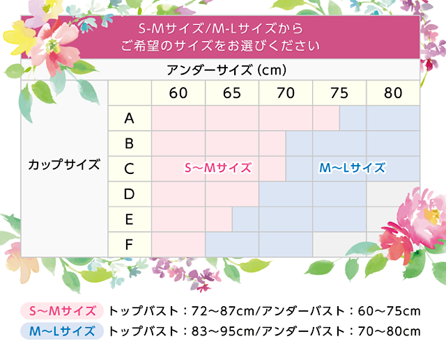 グラマラスタイルナイトブラのバスト部分のサイズ表